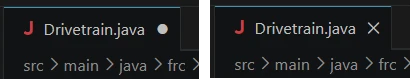 An unsaved editor tab has a dot beside its filename; after saving, the dot is replaced by the close button.